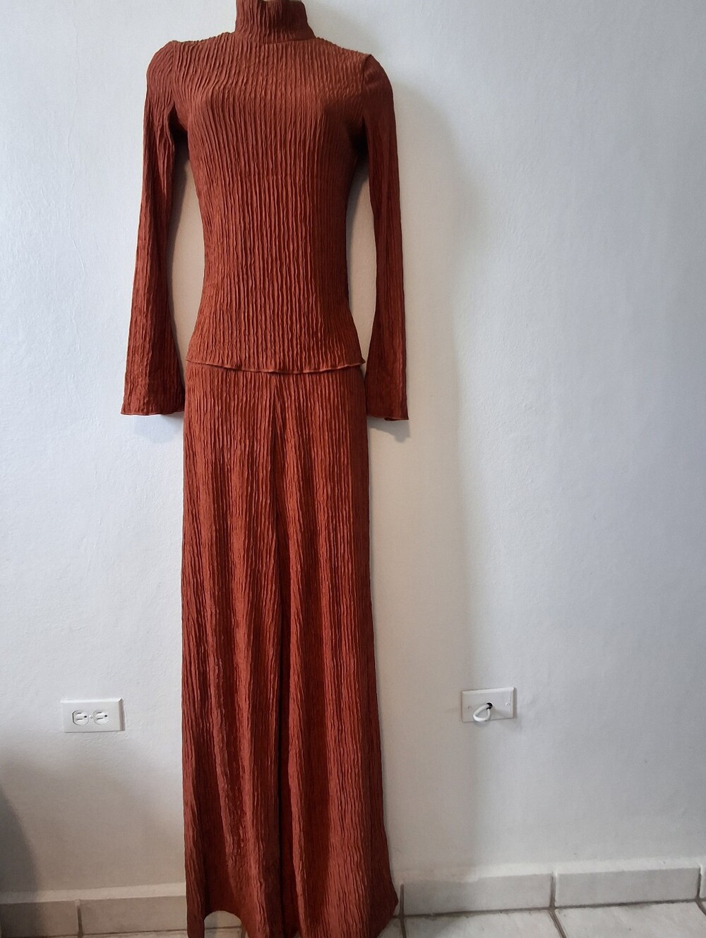 Ribbed Turtleneck Two Piece Pant Set in Rust